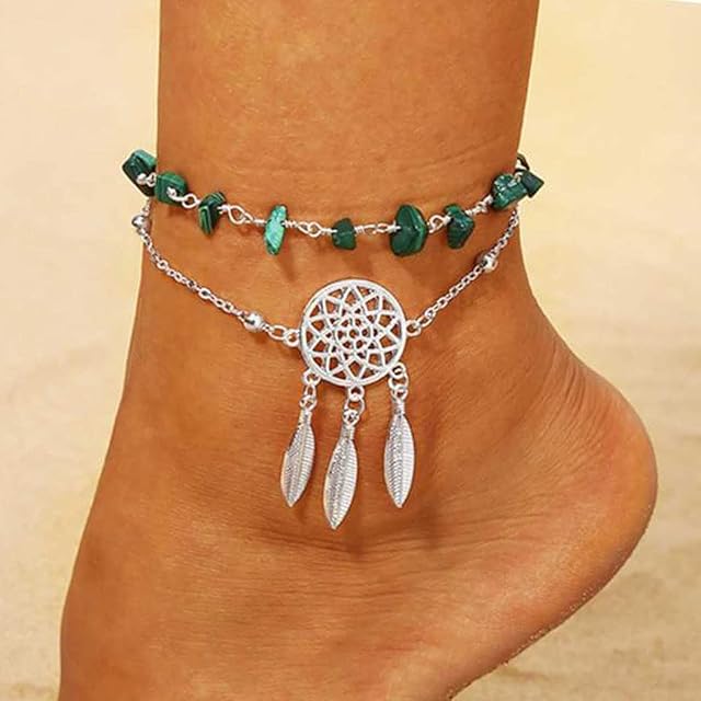 Handcess Turquoise Anklet Feather Dreamcatcher Ankle Bracelet Silver Layered Foot Chain Jewelry for Women and Girls
