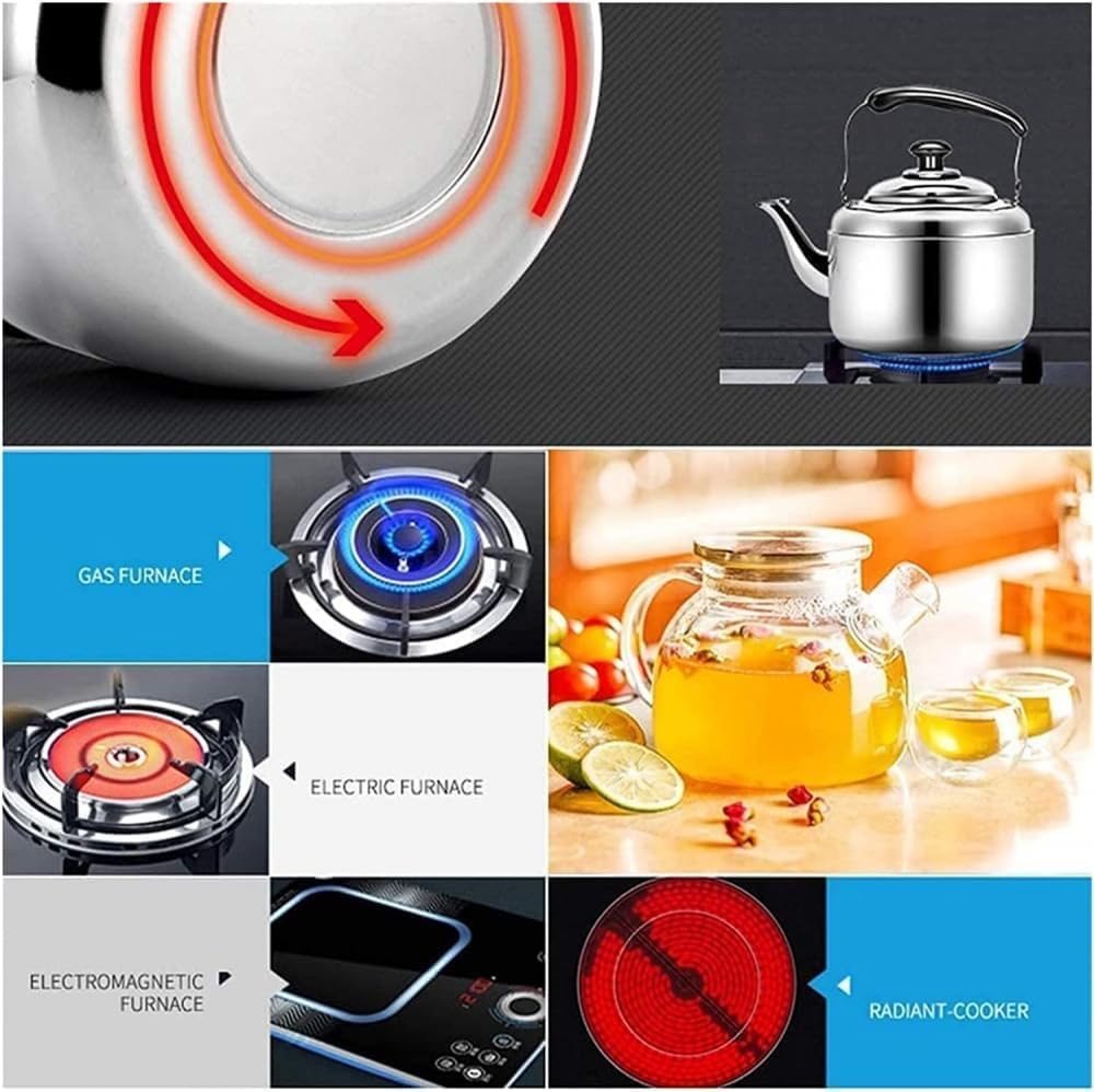 Hervidor de té, hervidor silbante de acero inoxidable 304 con mango aislado para cocinas de gas e inducción, jarra de agua galvanizada, duradera y funcional