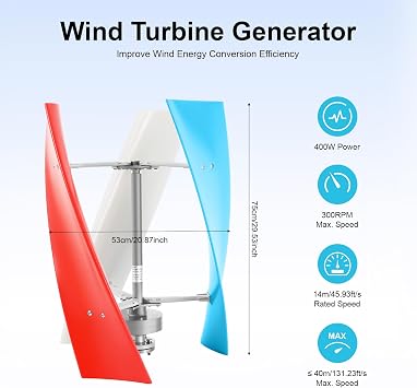 Wind Turbine Generator Kit, 400W 24V Portable Vertical Helix Wind Power Turbine Generator Kit Three-phase AC Permanent Magnet Generators w/3 Blade for Boats Gazebos & Houses