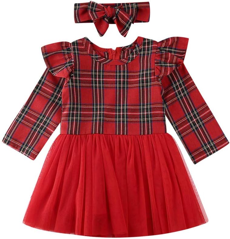 Toddler Baby Girls Plaid Christmas Dress Kids Long Sleeve Princess Party Tulle Tutu Skirt Dresses Outfit Clothes
