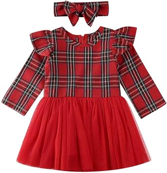 Toddler Baby Girls Plaid Christmas Dress Kids Long Sleeve Princess Party Tulle Tutu Skirt Dresses Outfit Clothes