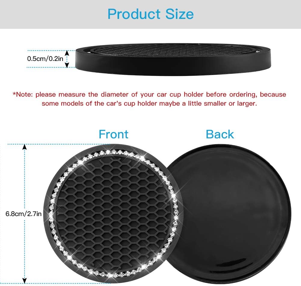 OTOSTAR Bling Crystal Car Cup Holder Insert - 2.75 Inch Anti Slip Silicone Cup Pad Mat Drink Coaster Car Interior Accessories Universal, Pack of 2 (Silver)