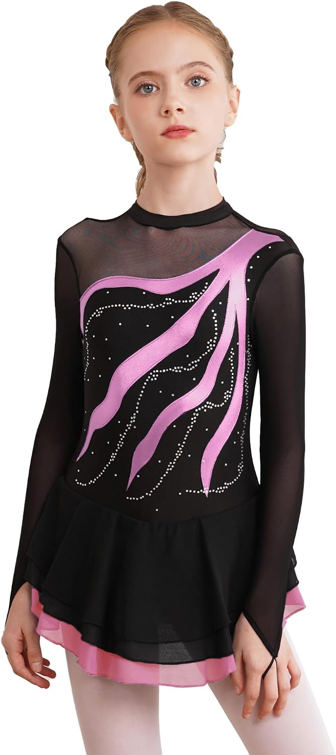 Hansber Girl's Figure Ice Skating Dance Dress Gymnastics Leotard Rhinestone Children Ballet Tutu Skirt Performance Costume