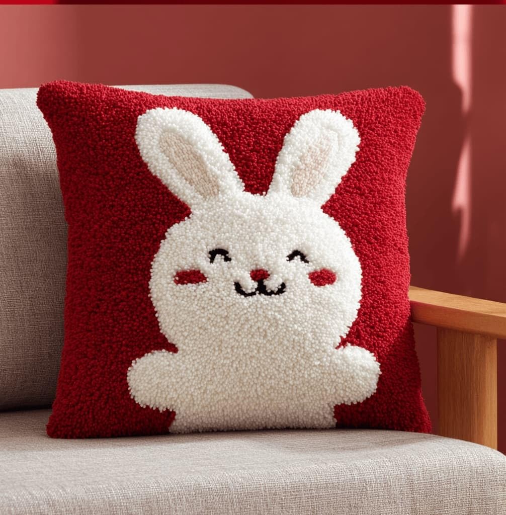 AxiangziK Latch Hook Kits for Adults Beginners,Rabbit Embroidery Kit Pillowcase DIY Kit Cushion Pillow Cover Car Cushion Cross Stitch Sofa Cushion Cover with Tool 43X43Cm