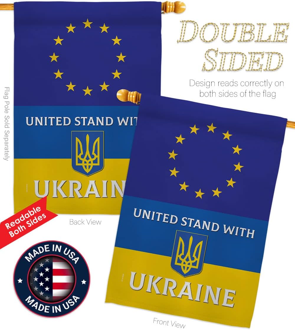 European Union Stand with Ukraine House Flag - Set Support Cause Ukrainian - Decoration Banner Small Garden Yard Gift Double-Sided Made in USA 28 X 40