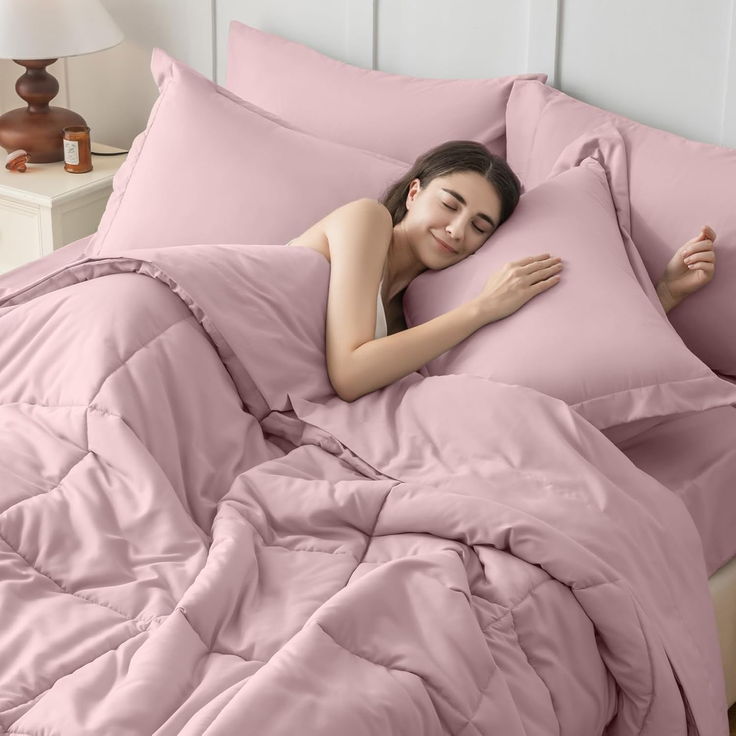 JOLLYVOGUE Queen Comforter Set, Ultra-Soft Bed in a Bag Queen Size 7 Pieces, Oeko-TEX Certified Bedding Set with Down Alternative Comforter, Sheets, Pillowcases & Shams, Camio Pink - Image 6