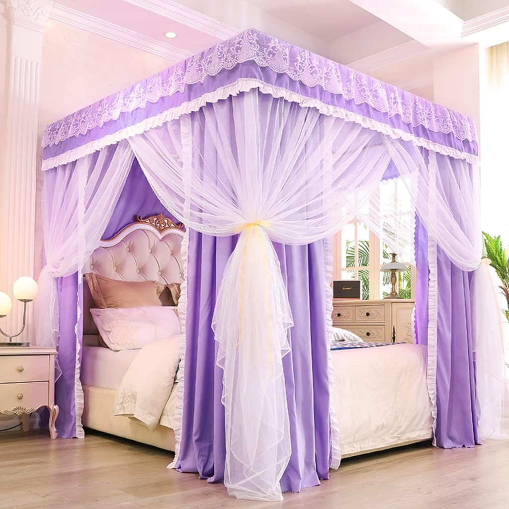 Romantic Purple 4 Corner Post Blackout Bed Canopy for Girls Bed Teen Wedding Bedroom; Princess Curtain Net for Twin/Full/Queen/King Size Bed (Purple-2 Canopy with Mosquito Net, Queen)