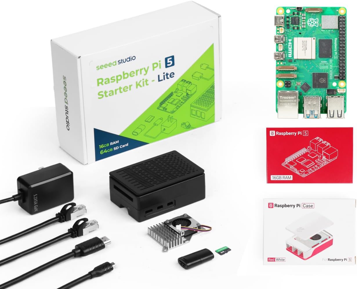 Seeed Studio Raspberry Pi 5 Starter Kit - 16GB RAM, 64GBGB Micro SD Card Pre-Loaded 64-bit OS, Type-C Power Supply, Active Cooling Case for Edge AI, Docker & Pro Workstation