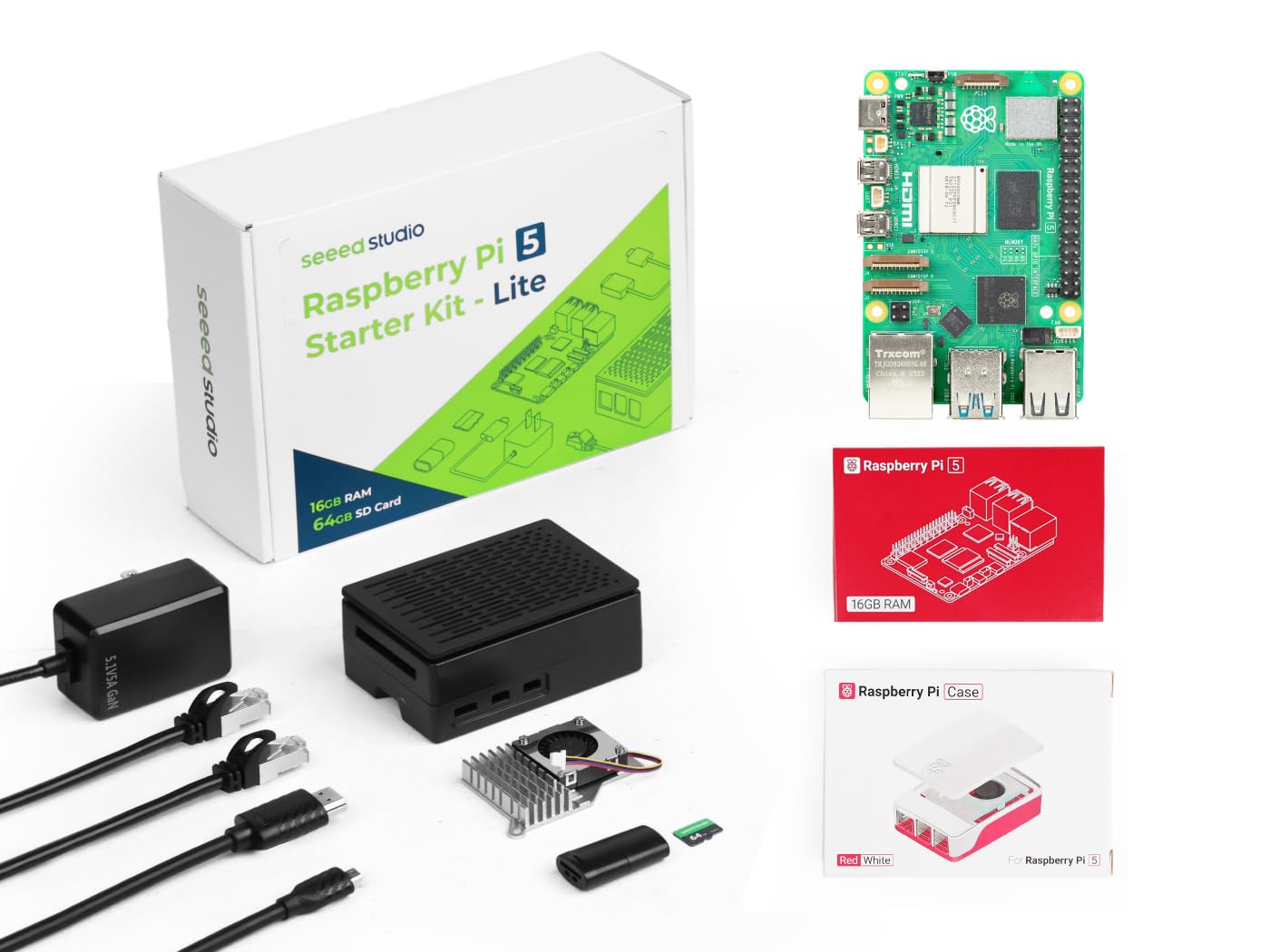 Seeed Studio Raspberry Pi 5 Kit de démarrage – 16 Go de RAM, carte micro SD 64 Go pré-chargée, système d'exploitation 64 bits, alimentation de type C, boîtier de refroidissement actif pour Edge AI