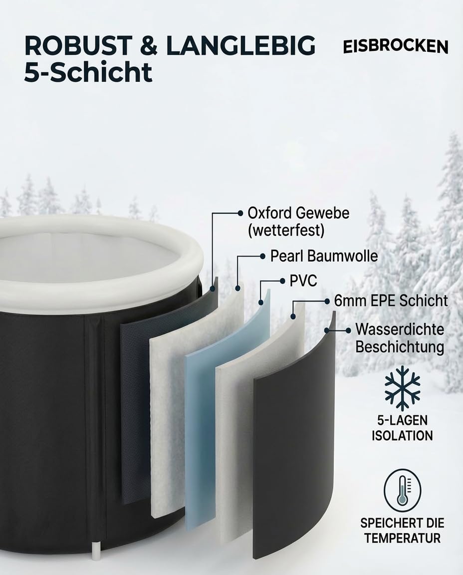 Il bidone originale per il bagno di ghiaccio, pieghevole, diametro 80 cm, con 5 strati di isolamento per sport, rigenerazione e ricreazione, bagno di ghiaccio per interni ed esterni
