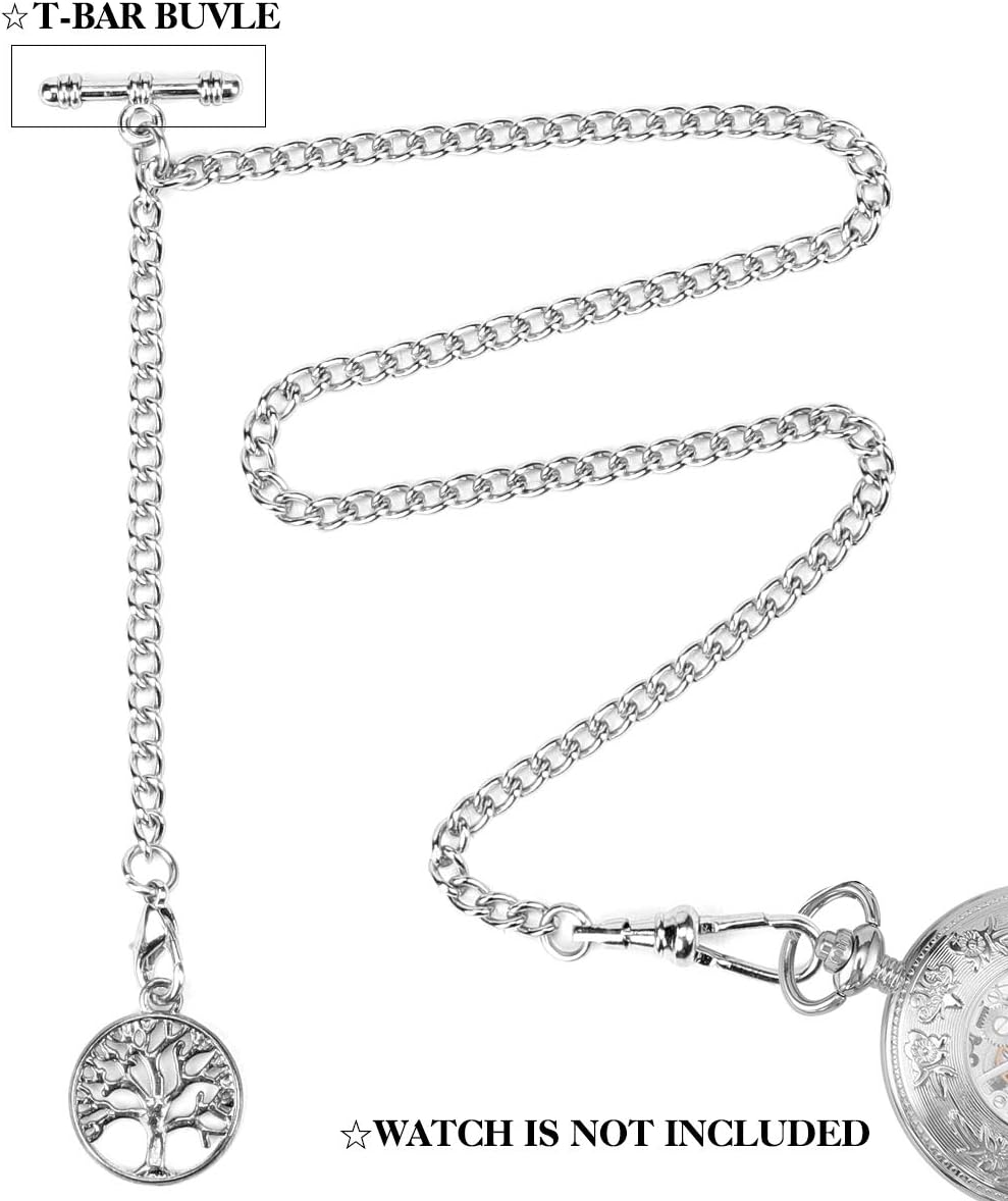 SIBOSUN Pocket Watch with Albert T-Bar Chain & Lobster Clasps - Vest Chain for Men with Antique Life Tree Pendant Charm Fob - Silver