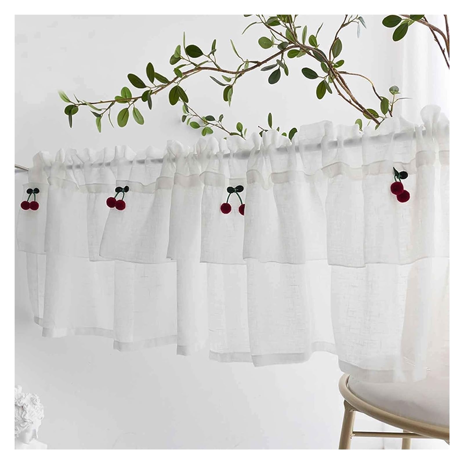 Tende da cucina con mantovana Tenda a strati bianca, Mezza tenda for la finestra del bar della cucina, Tenda traslucida con finiture for finestre Tenda corta,(WxL200x40cm/78.5x15.5in)