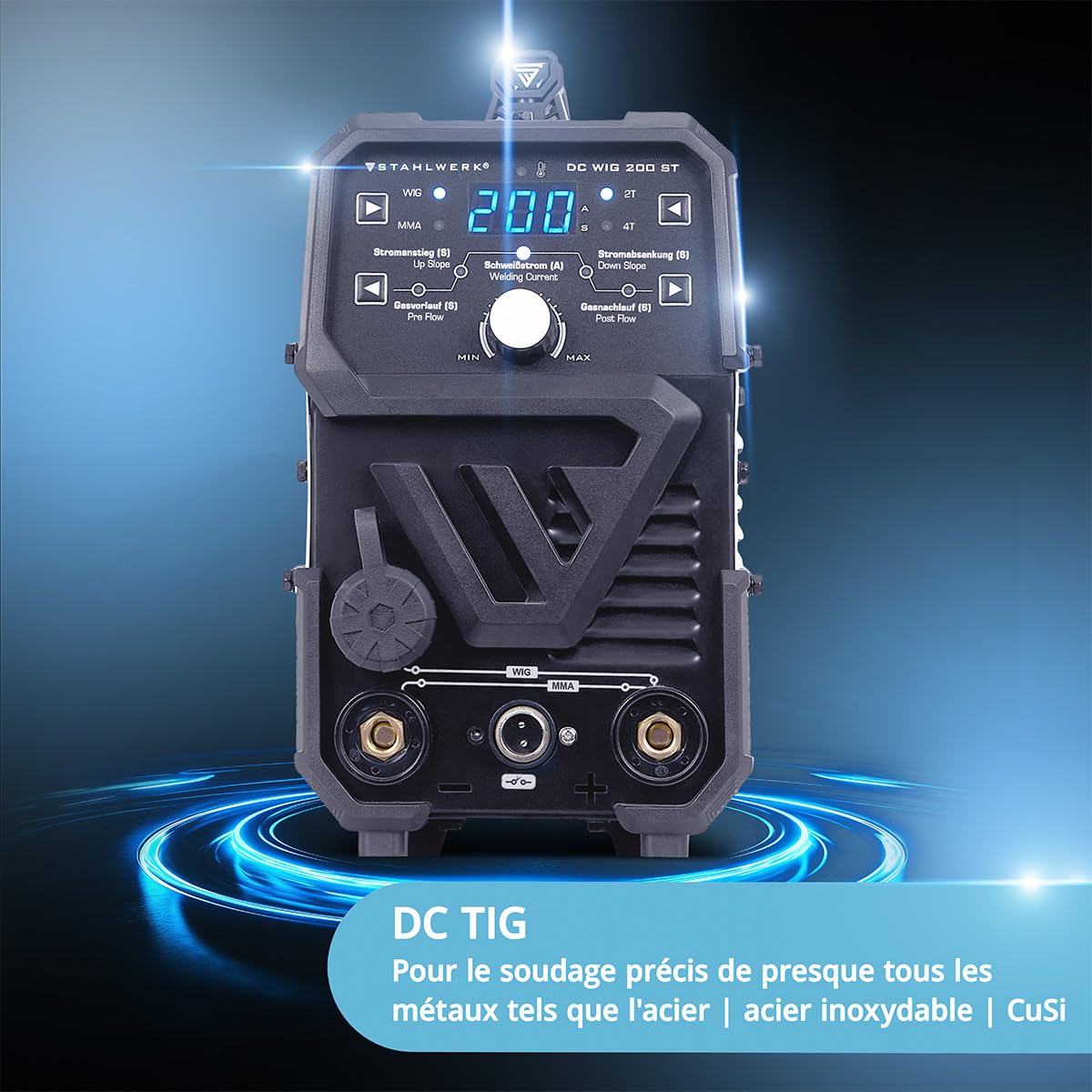 STAHLWERK Poste à souder 2-en-1 combiné DC TIG 200 ST – TIG & MMA (électrode enrobée/ARC) jusqu’à 200 A, amorçage HF, Hot Start, Anti-Stick, adapté à l’acier, inox, cuivre et laiton, pas d’aluminium