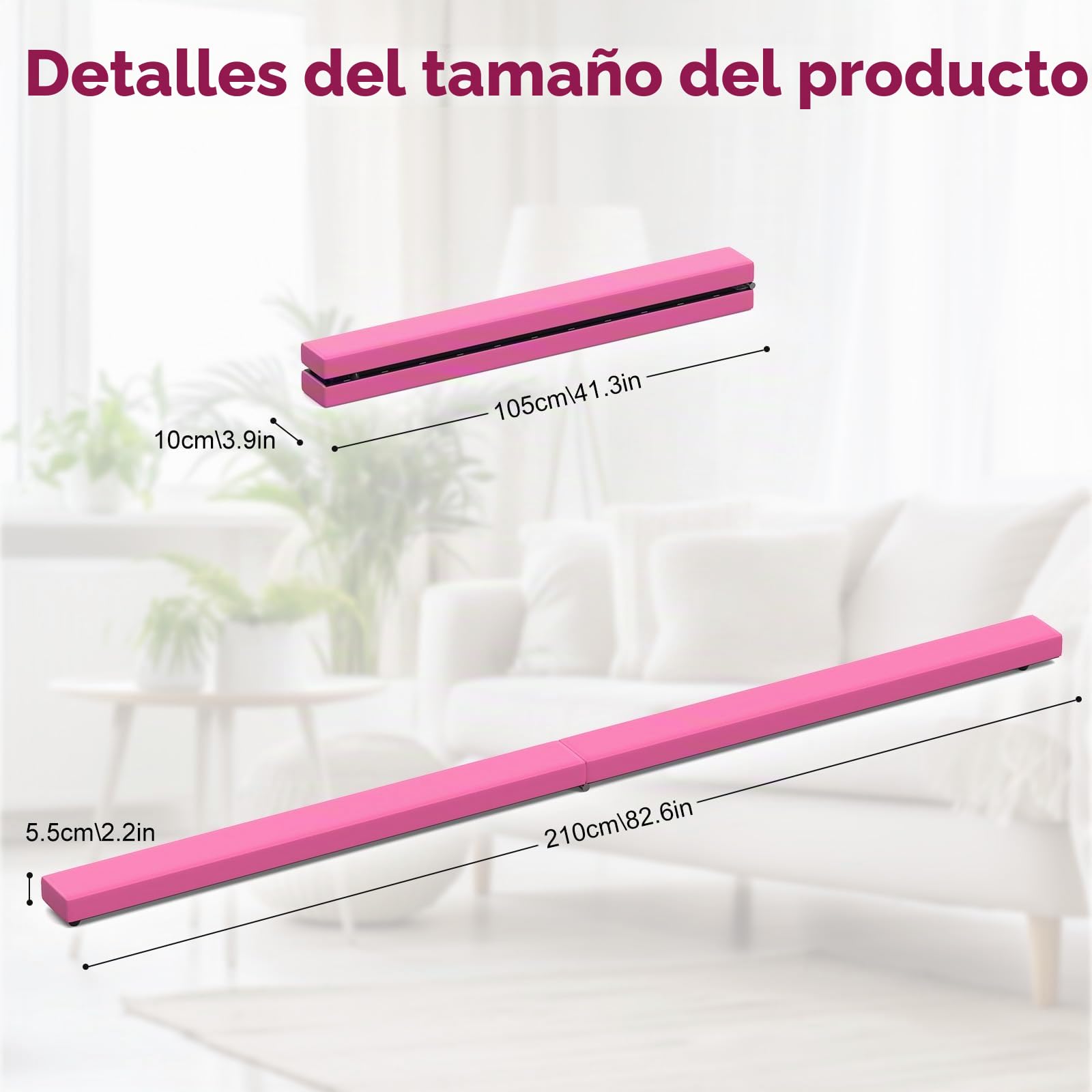 Barra de Gimnasia Plegable Rosa de 2,1 m/220 lbs de Ante sintético Plegable para Entrenamiento de Gimnasia en casa, Gimnasio, Entrenamiento Deportivo