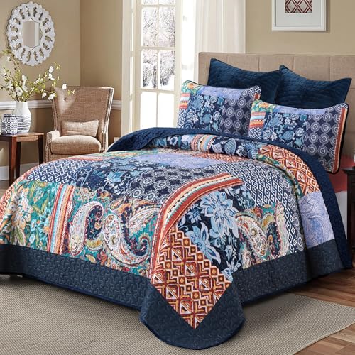 DJY Queen Size Patchwork Quilt Set Navy Blue Boho Bedspread Coverlet