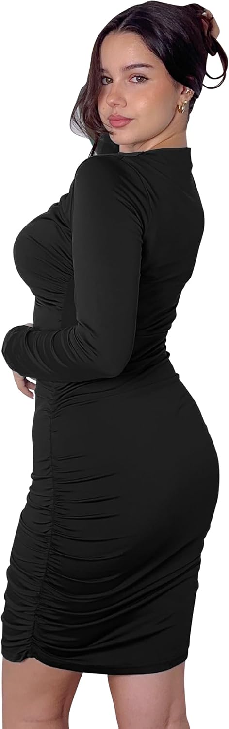 ZAFUL Womens Sexy Ruched Bodycon Mini Dress Long Sleeve Boat Neck Wedding Guest Club Party Dresses - Image 2