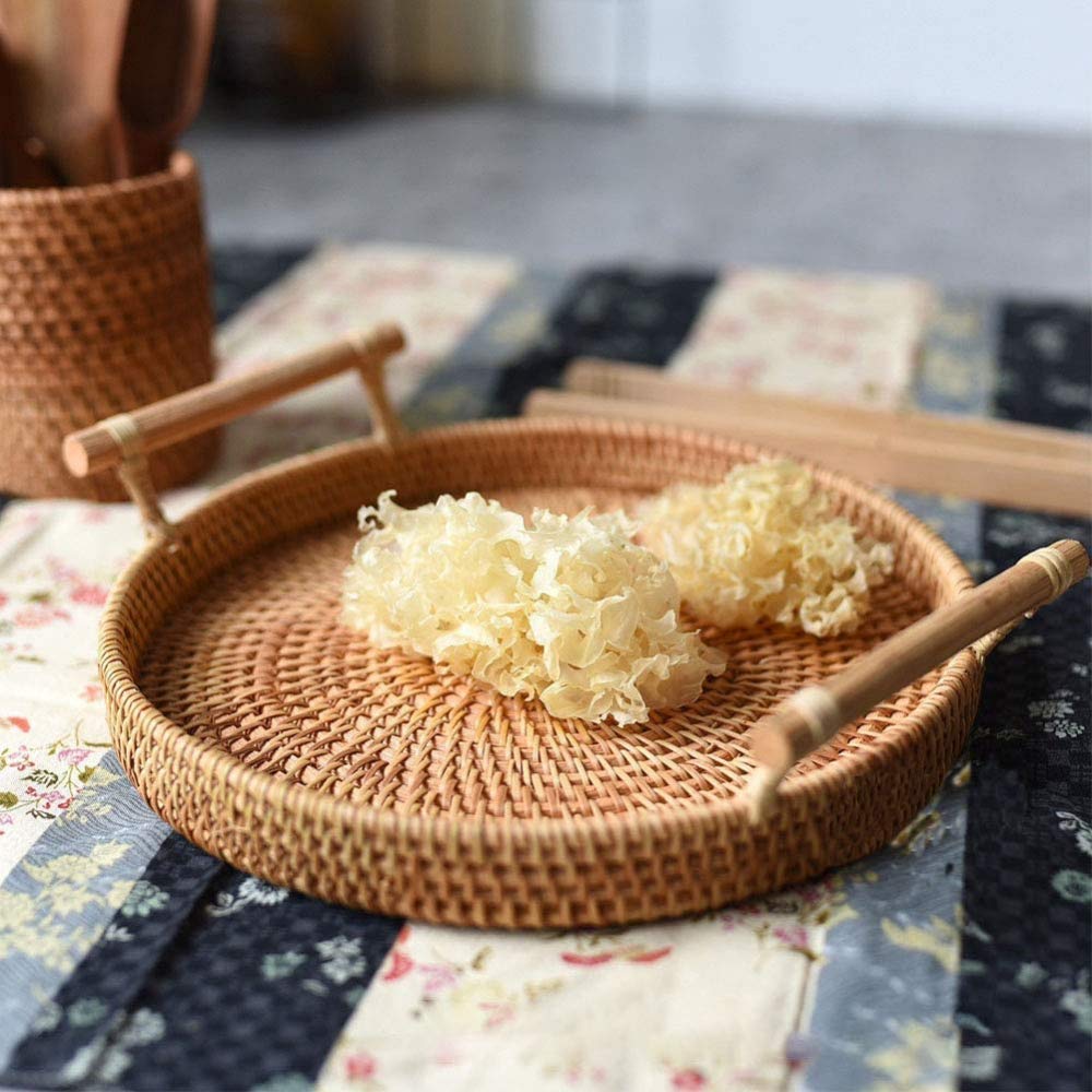 Rond rotan dienblad met inleg van parelmoer, rotan dienblad met houten basis, decoratieve rieten mand voor tafeldecoratie, opslag en weergave van koffiebrood, voedsel, fruit (blad 2