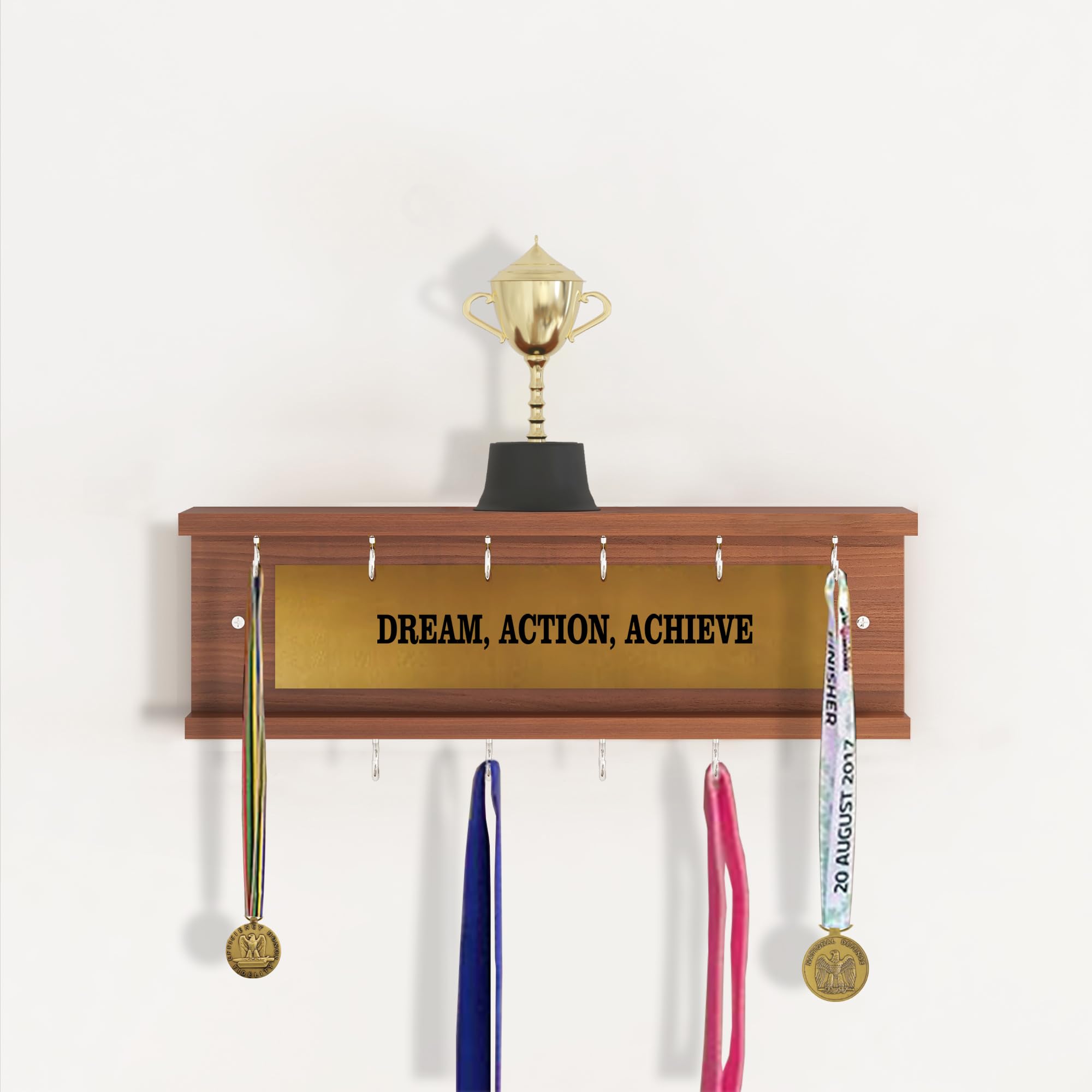 Anikaa Achieve Medal and Trophy Hanger Shelf for Home Wall Decoration Wall Mount Medal Frame Holder - 12 Hooks (Walnut, D.I.Y)