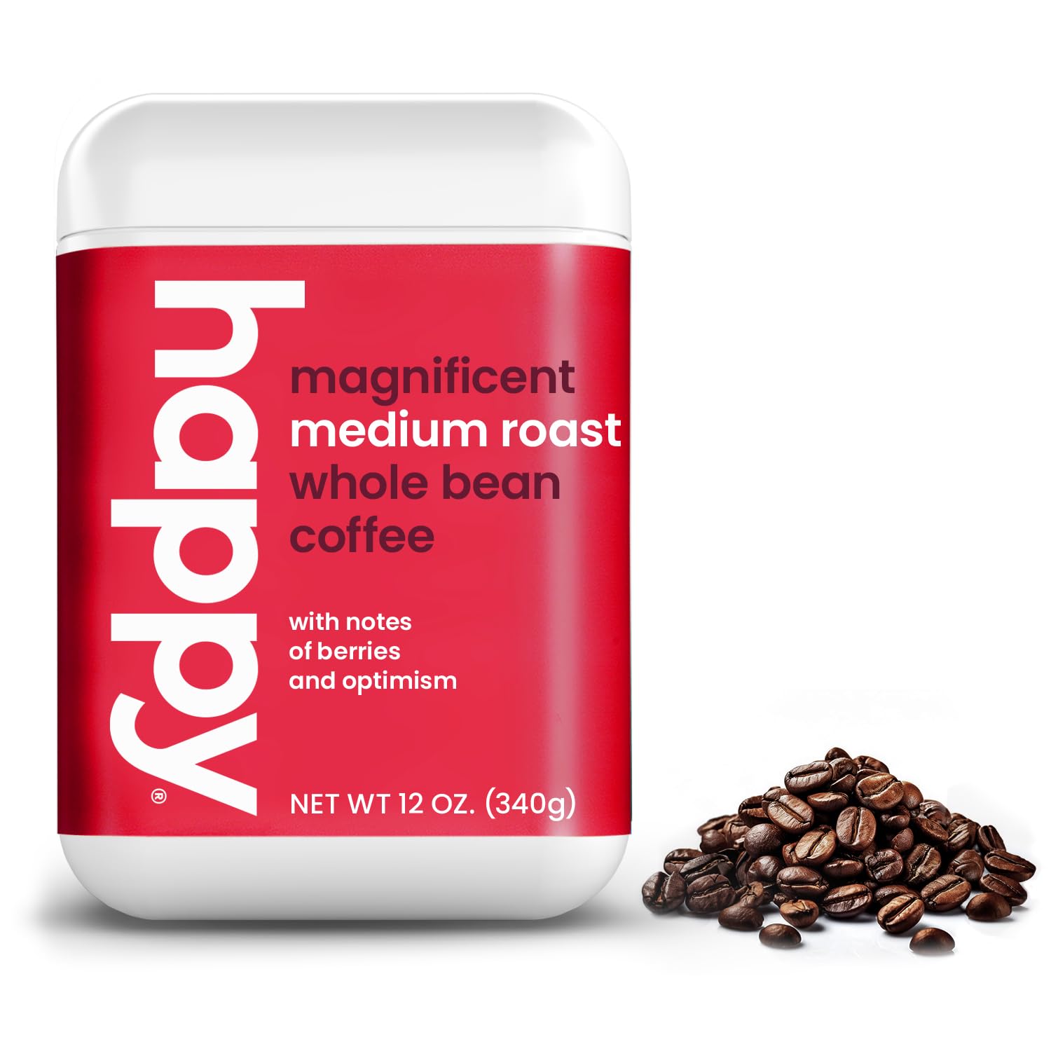 happy coffee medium roast whole bean coffee, 12 oz., notes of berries & optimism, recyclable container, grown & harvested in Brazil & Colombia, raíz sustainability verified
