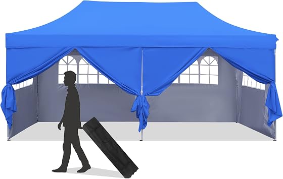 10x20 Heavy Duty Pop up Canopy Tent with 6 sidewalls Easy Up Commercial Outdoor Canopy Wedding Party Tents for Parties All Season Wind & Waterproof Gazebo with Roller Bag Blue