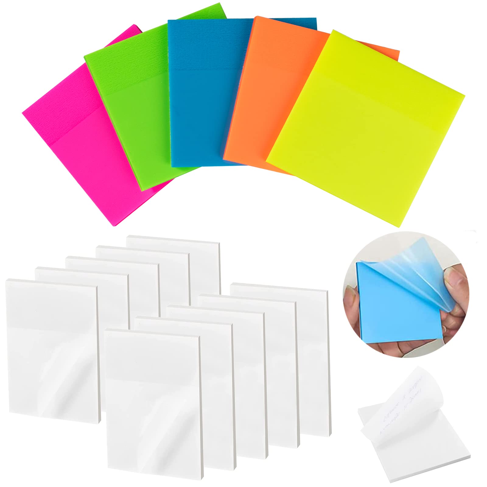 750 Sheets 15 Pads Transparent Sticky Notes, 3x2Inch Clear Sticky Notes, 3x3 Inch Translucent Colorful Sticky Notes Pads, Self-Adhesive Memo Assorted Sticky Notes for Office School Planner Memo