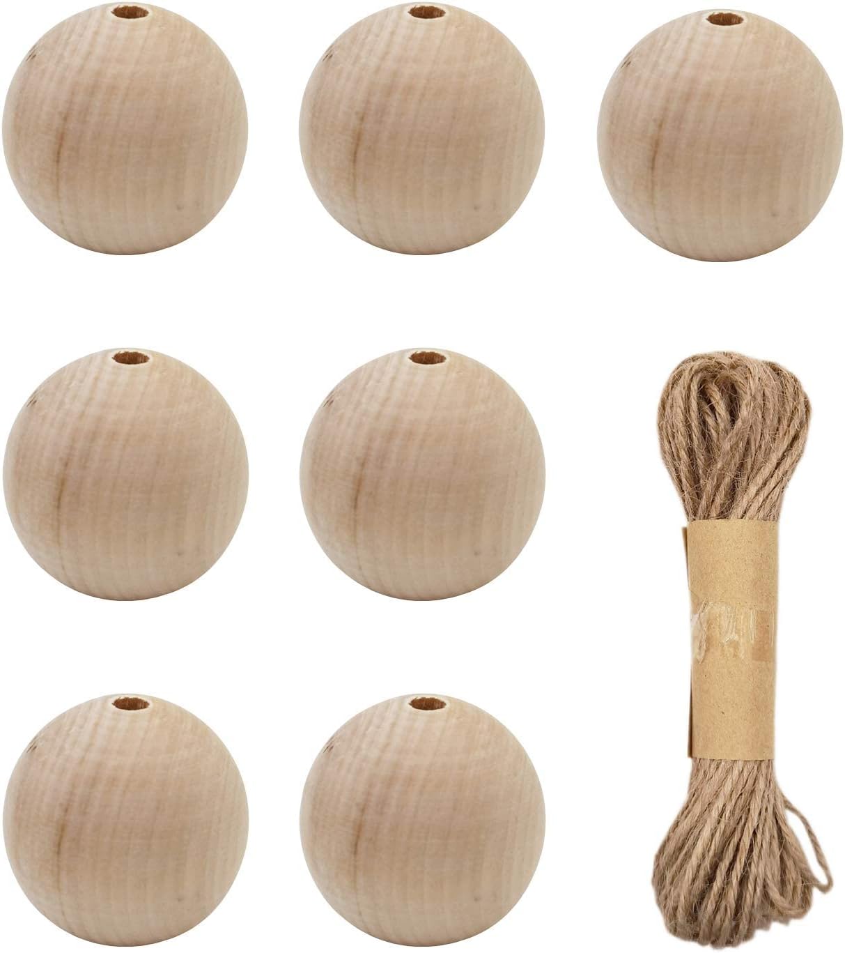 INSPIRELLE 30pcs 30mm Natural Wood Beads Unfinished Round Wooden Loose Beads Big Size Wood Spacer Beads with 10M Jute Twine for Craft Making Home Decoration