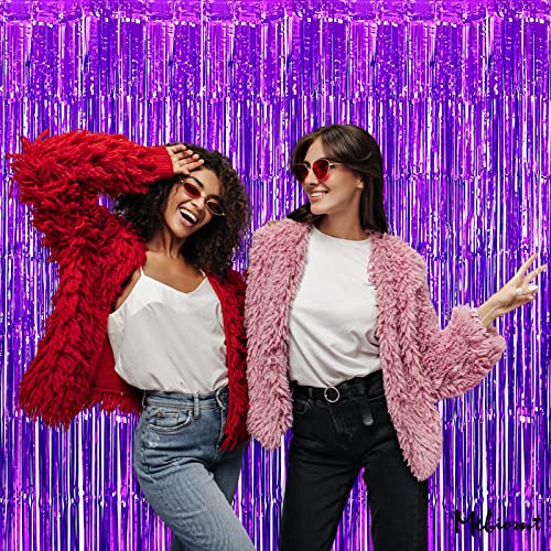 Image of 4 Pack Purple Fringe Curtain Backdrop, 3.2Ft x 6.6Ft Metallic Tinsel Foil Fringe Streamers Curtains Background for Photo Booth Birthday Wedding Baby Shower Party Thanksgiving Christmas Decorations