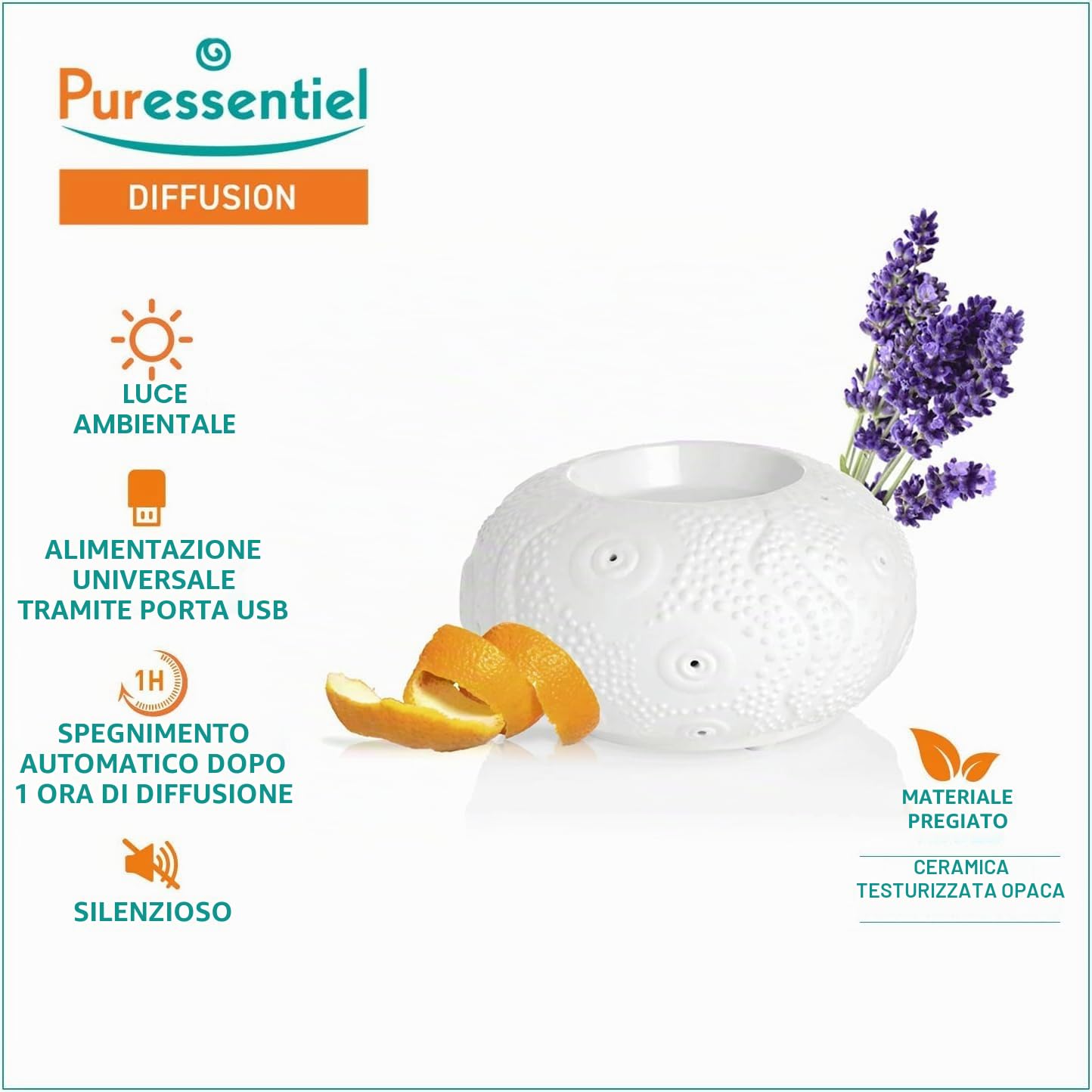 Puressentiel - Nuovo Diffusore di oli essenziali Calvi a calore dolce - Regolazione termica - Diffusore in ceramica - Luce d'atmosfera - Silenzioso - Spegnimento automatico