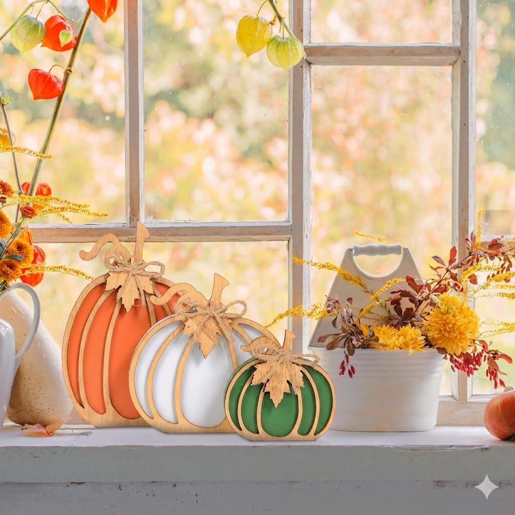 OLANRUN Fall Decorations for Home, 3-Piece Farmhouse Wooden Pumpkin Fall Decor, Handmade Crafts, Autumn Thanksgiving Decorations for Table, Tiered Tray, Mantel, Shelf, Office (4-8 Inch)
