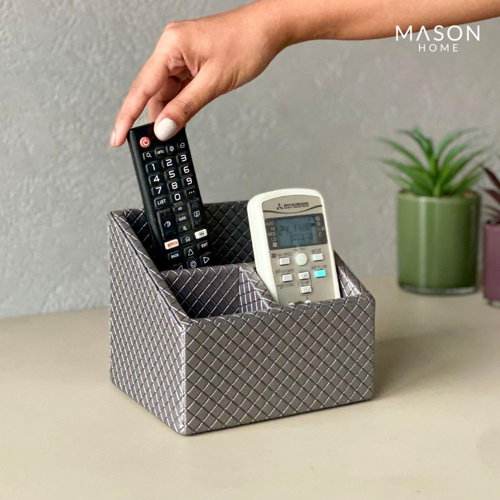 MASON HOME Vegan Leather & Mdf Braided Grey Remote Holder - 1pc - L 6.25" x B 5" x H 5" | Decorative Multifunctional Space Saving Organizer Stand | Rom - Table - Desk | AC TV Controller - Gadgets 3