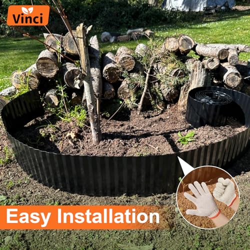 Vinci Garden Landscape Edging Border, 8 Inch x 20 FT Corrugated Sturdy Metal Easy Installation Safe Hemmed Lawn Garden Border Edges for DIY Flower Beds, Pathways and Patio Design (Black) - Thumbnail 5