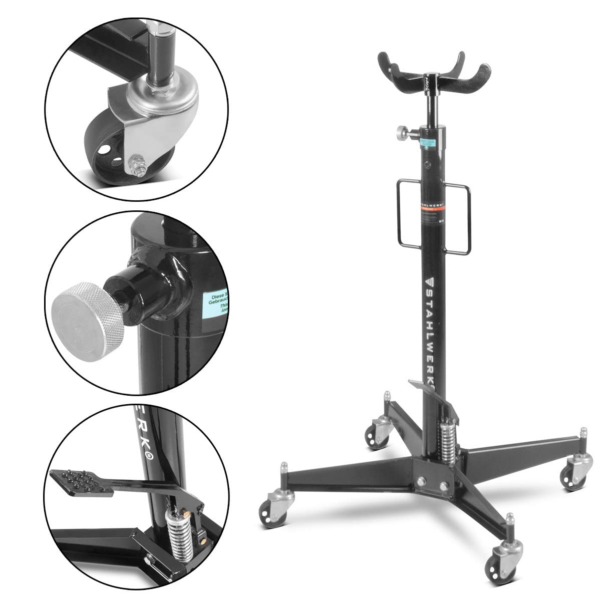STAHLWERK Elevador de engranajes hidráulico TJ-500 ST, soporta hasta 500 kg, altura regulable de 113,5 cm - 187 cm, elevador de motor para montaje y desmontaje de transmisiones