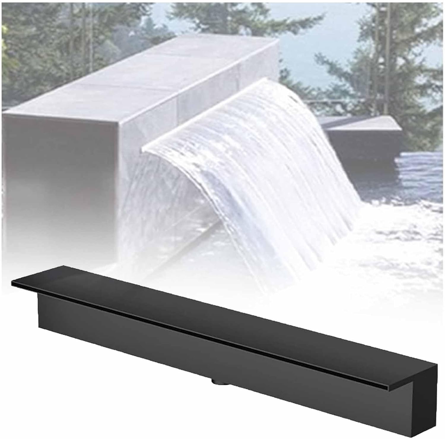Stainless Steel Waterfall Spillway Fountain for Ponds, 50cm (19.7in) Professional Water Feature, Durable Outdoor Waterfall Box, Black Finish