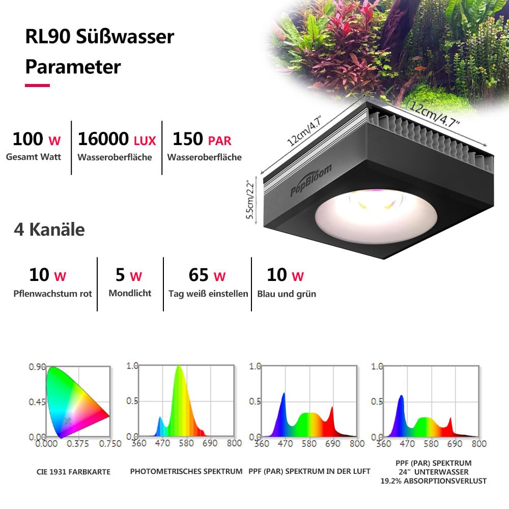 PopBloom LED-Beleuchtung für bepflanzte Aquarien, 90 W Vollspektrum-RGB-LED-Wachstumsleuchte für Aquarium, Aquarienbeleuchtung mit Halterung für den Anbau anspruchsvollster Wasserpflanzen