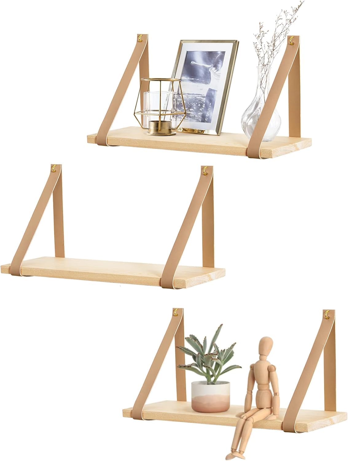 Sponsored Ad – Azonee Hanging Shelf Wall Wood Floating Storage Shelves Leather Strap Swing Organizer PU Leather Strap Shelves for Nursery Bedroom Living Room Bathroom Dorm, Set of 3