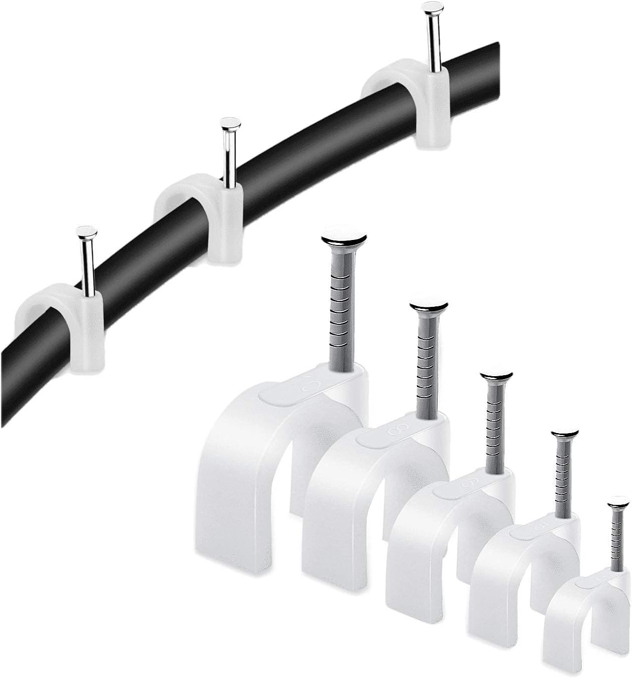 Cable Clips with Metal Nails for Cable Management Cord Organizer, Round Wire Fastener Clamps for Hanging Cables Fitting on Wall | Pack of 100, (4mm, White)