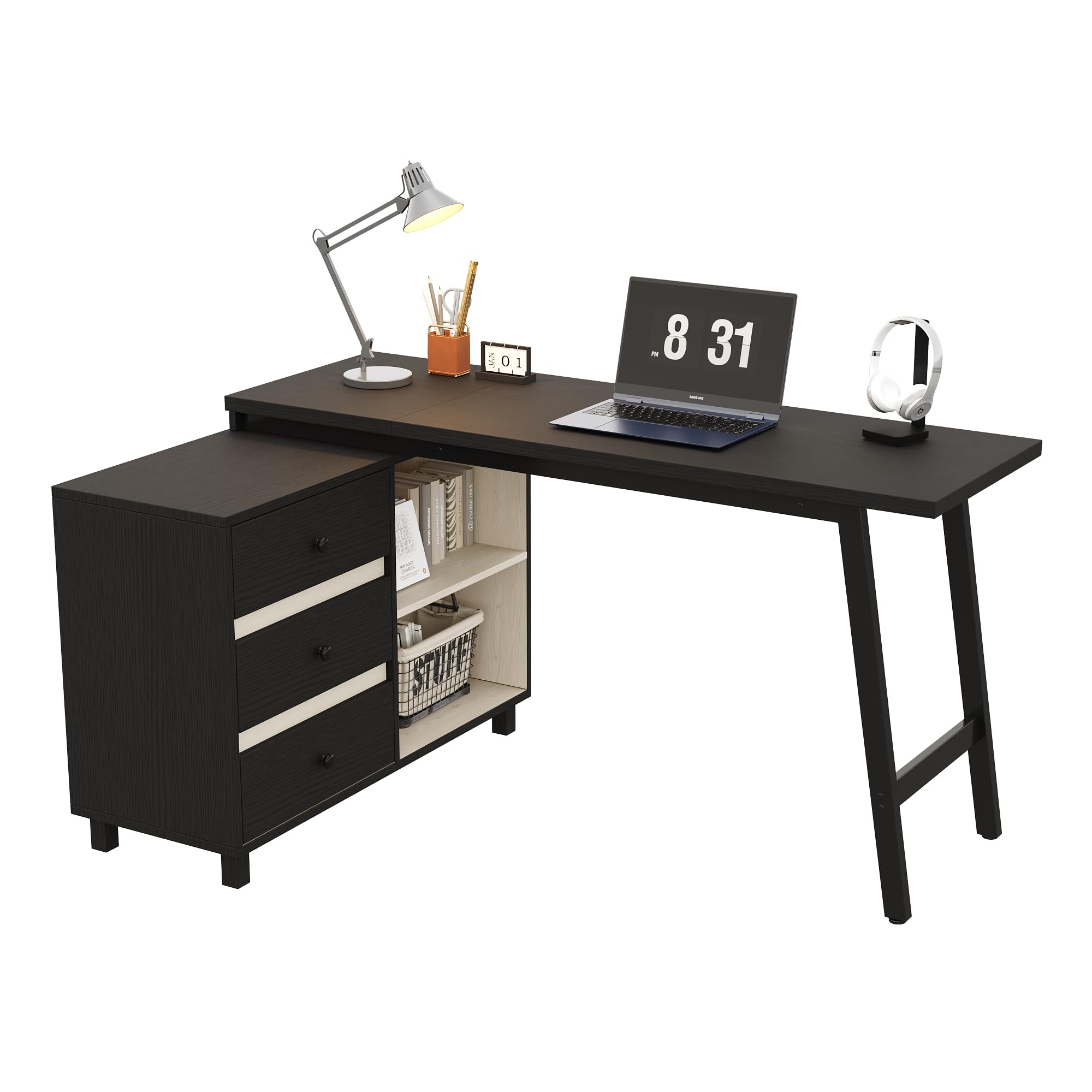 HAINEW Biurko komputerowe z 3 szufladami i 2 otwartymi półkami, narożne biurko w kształcie litery L do gabinetu, sypialni, salonu, 150 x 100 x 76 cm, czarne, HD26060301
