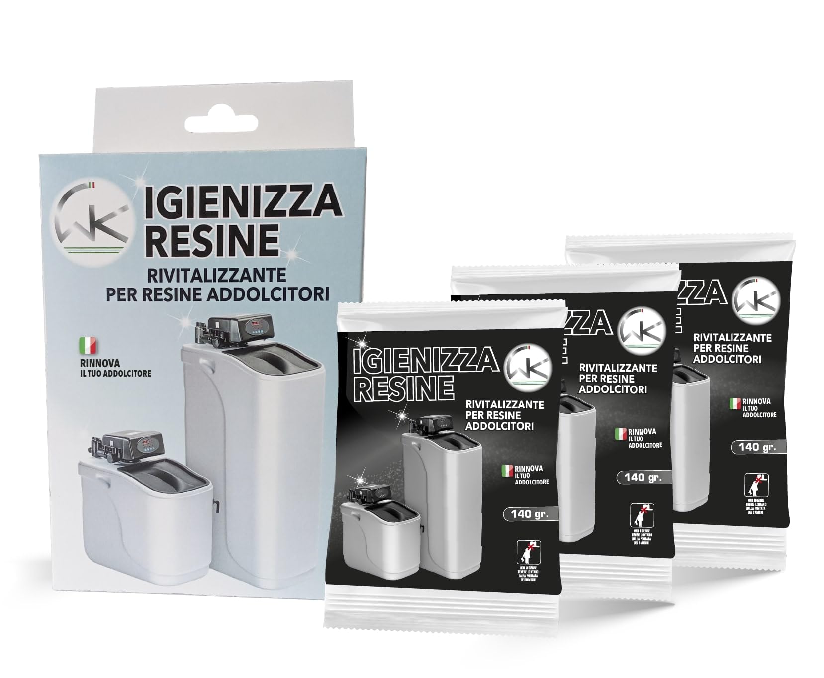 WK Igienizza Resine Addolcitore | Detergente, Decalcificante per Resine Addolcitore | Made in Italy | Confezione da 3 Bustine da 140 gr