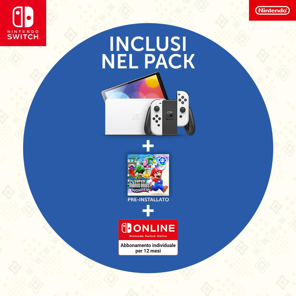 Nintendo Console Switch OLED (bianco) con gioco Super Mario Bros. Wonder preinstallato e abbonamento 12 mesi Switch Online