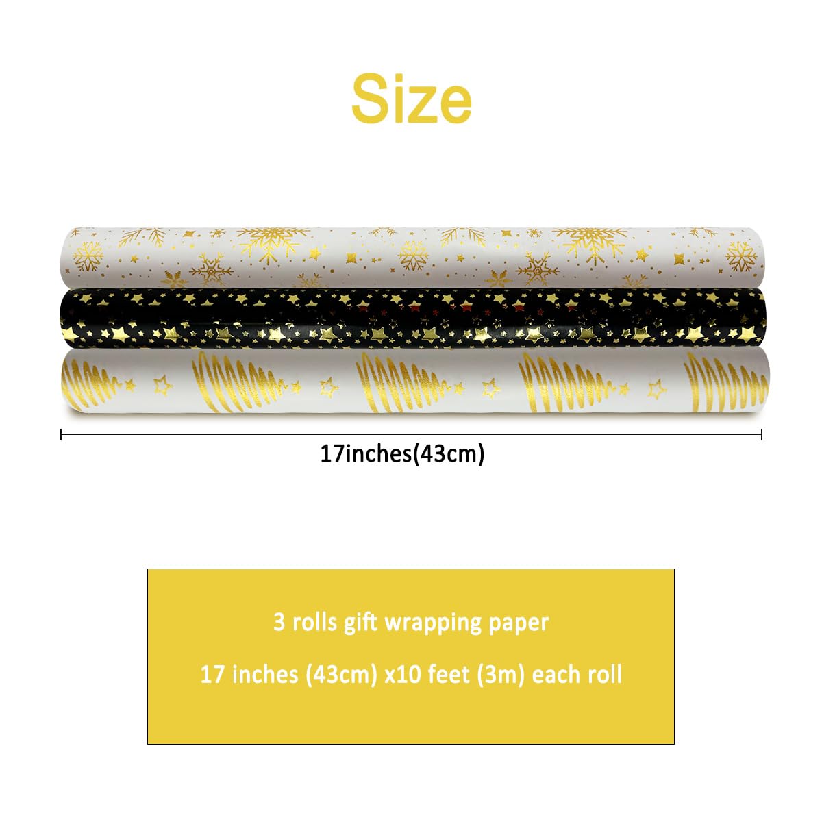 Toptime Carta Regalo Natalizia Oro 3 Rotoli | 43 Cm X 3 M Con Motivi Albero E Pois