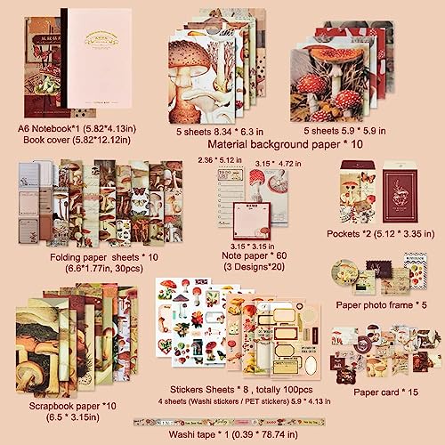 Image of Vintage Aesthetic Scrapbook Kit(346Pcs) Scrapbooking Supplies Kit with Bullet Junk Journal,Stationery,A6 Grid Notebook Journaling Gift for Girl (Red Mushroom), Paper