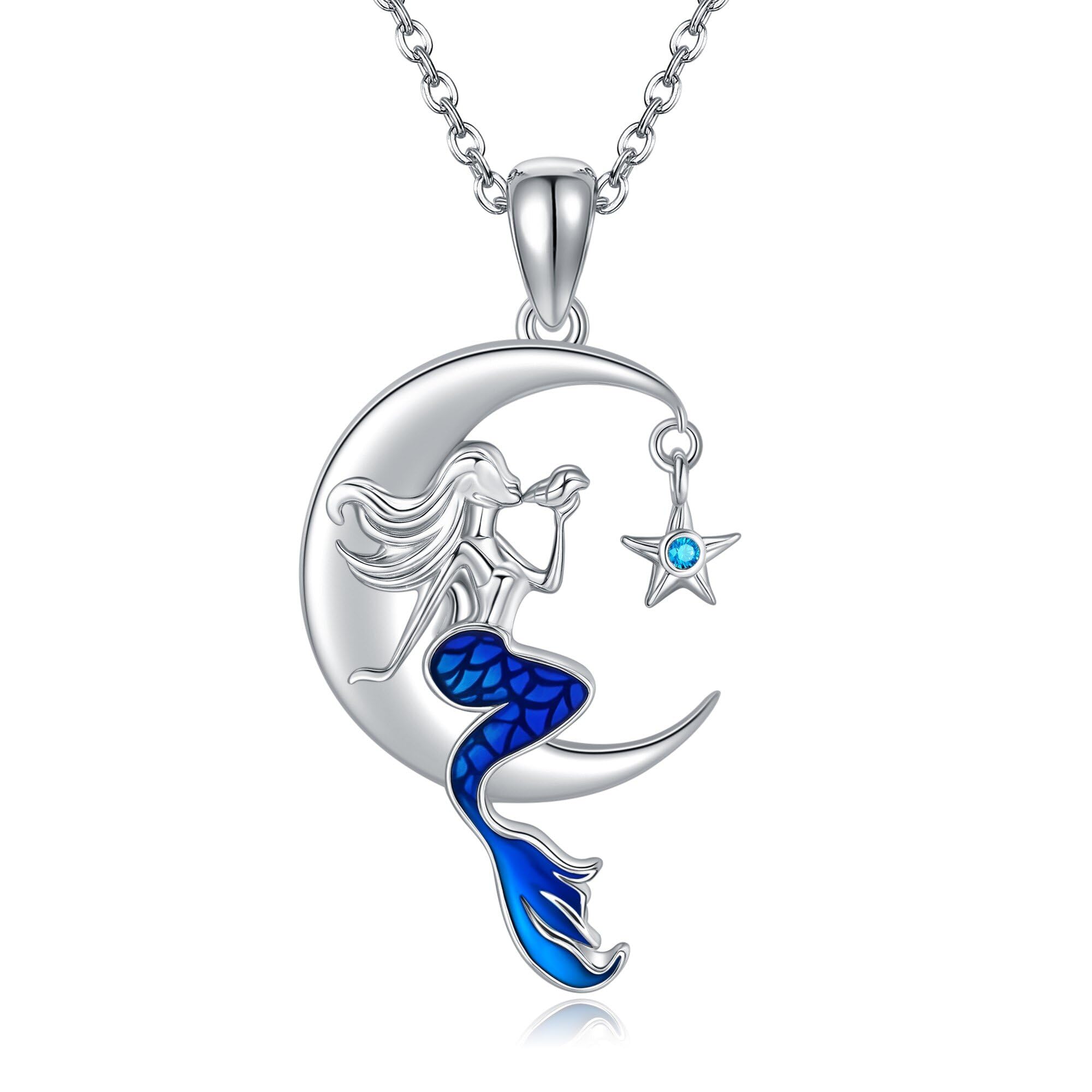 JERWLI Meerjungfrau-Halskette 925er Sterlingsilber kleine Meerjungfrau Schmuck für Mädchen Mondschmuck Geschenke für Frauen