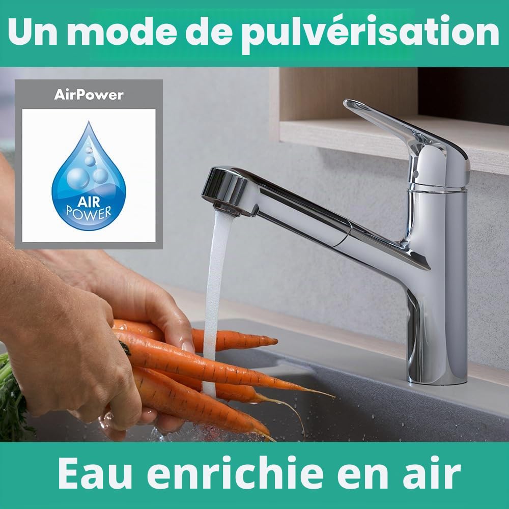 hansgrohe Focus M42 - Mitigeur de cuisine avec douchette extractible, 1 jet, Robinet avec hauteur sous bec 150 mm, Robinetterie avec bec pivotant et extensible, Chromé, 71814000