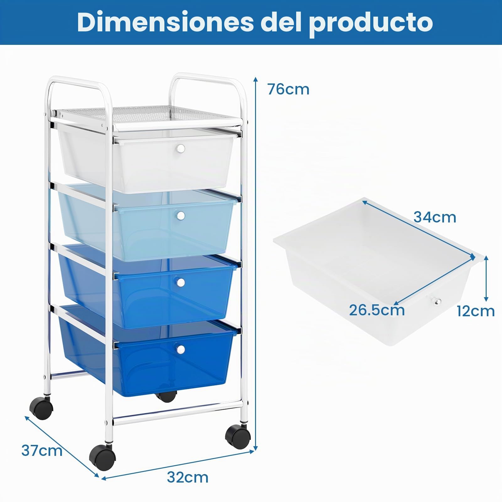 GIANTEX Carro de Almacenamiento con 4 Cajones Plásticos, Carrito Auxiliar con Estructura de Metal, Ruedas Bloqueables, 32 x 37 x 76 cm, Organizador para Baño, Cocina (Azul)