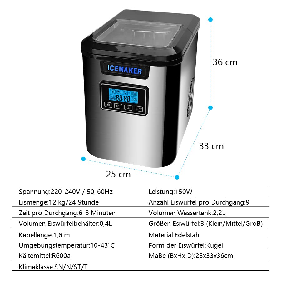 Cecaylie Eiswürfelmaschine Edelstahl 12 kg 24 h Eiswürfelbereiter 150W Ice Cube Maker, 3 Würfelgrößen Zubereitung in 6… – Bild 8