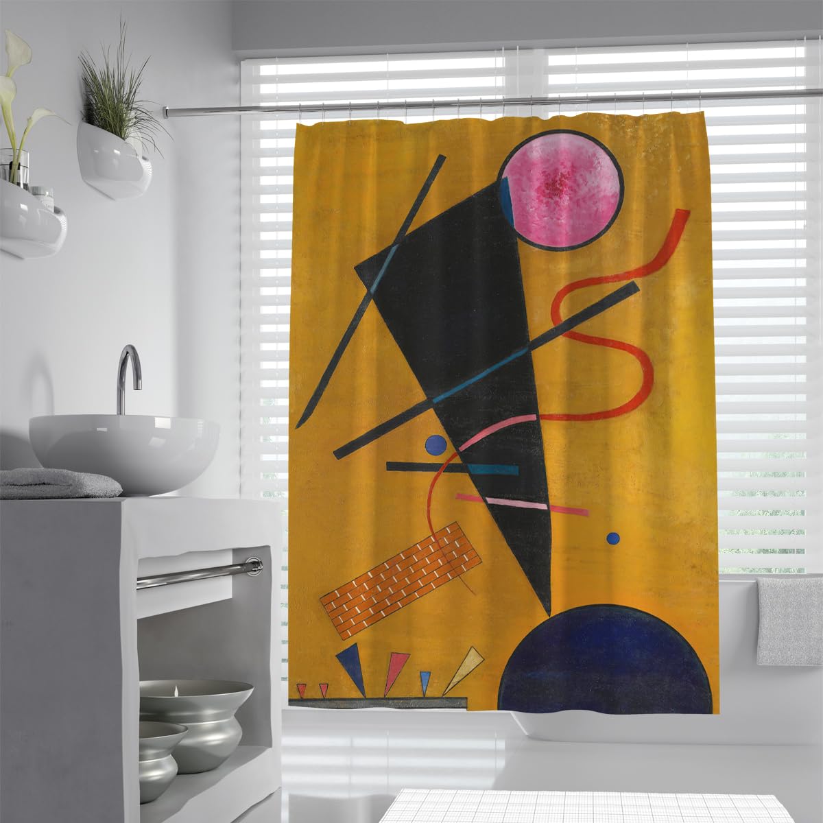 OLLIAR Home Cute Geometric Shower Curtain Vintage Modern Abstract Brown Bathroom Curtain Washable Waterproof Fabric Bathroom Decor Set with Hooks 200x220cm