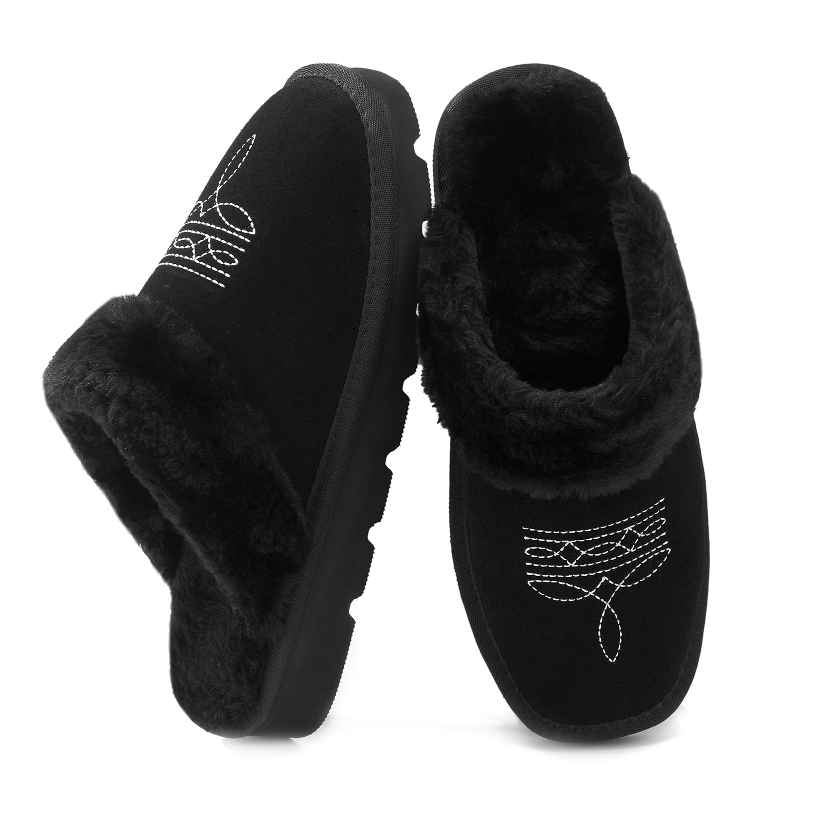 YOLIS Western Cowboy Boot Slippers, Fuzzy House Slippers for Women Memory Foam, Square Toe Cowgirl Slippers Suede Leather for Bedroom Indoor Outdoor