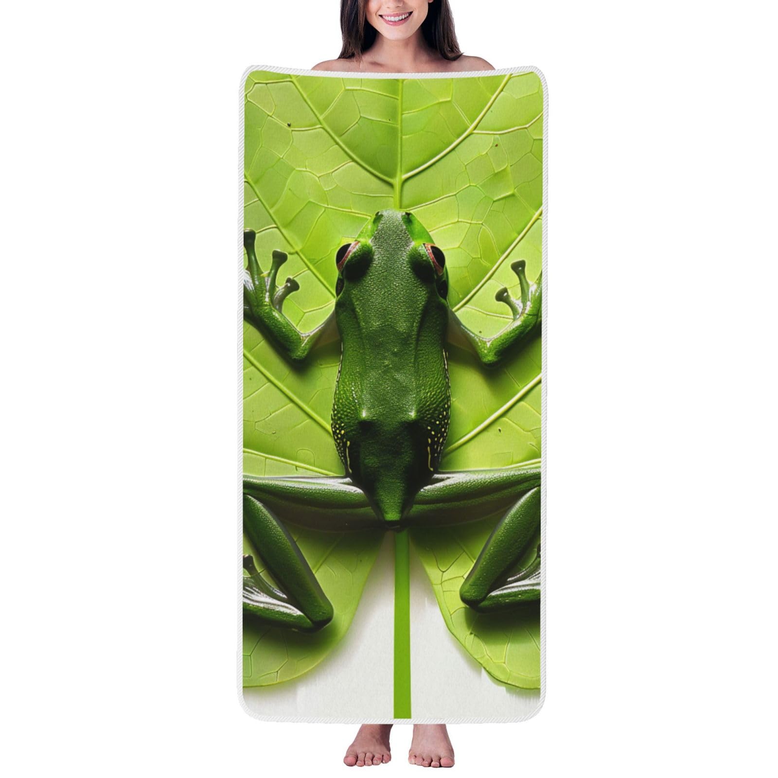 WPKJU Frog Leaves Printed Bath Towel with White Edging - 27x55 in Soft Extra Absorbent Coral Velvet Shower Towels for Bathroom