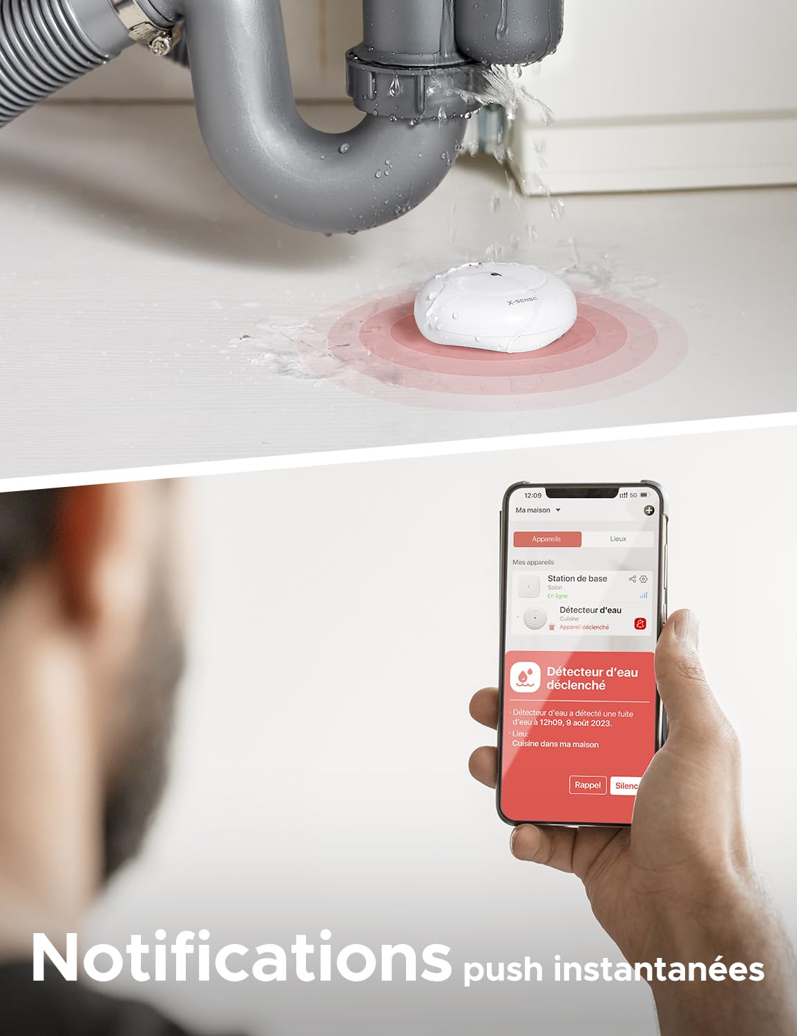 X-Sense Détecteur de Fuite d’Eau Wi-FI avec Station de Base SBS50 SWS54 et Thermomètre-Hygromètre Wi-FI STH0A, Lot de 3