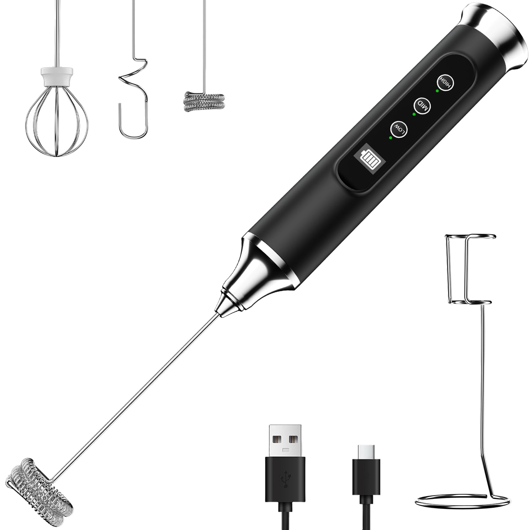 YUSWKO Milk Frother Wand for Coffee with Stand, Coffee Frother Handheld | Rechargeable Drink Mixer Wand, Waterproof Electric Whisk for Protein Powder, Lattes, 3 Variable Speeds 3 Whisks, Black
